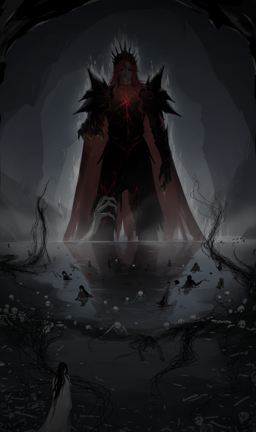 1boy 4others absurdres armor aura black_armor blood_emperor cape chinese_commentary circle_of_inevitability commentary_request corruption cracked_skin crown dark dark_aura fountain giant giant_male highres long_hair lord_of_the_mysteries multiple_others puddle red_hair reflection reflective_water ruki0728 severed_limb skeleton solo