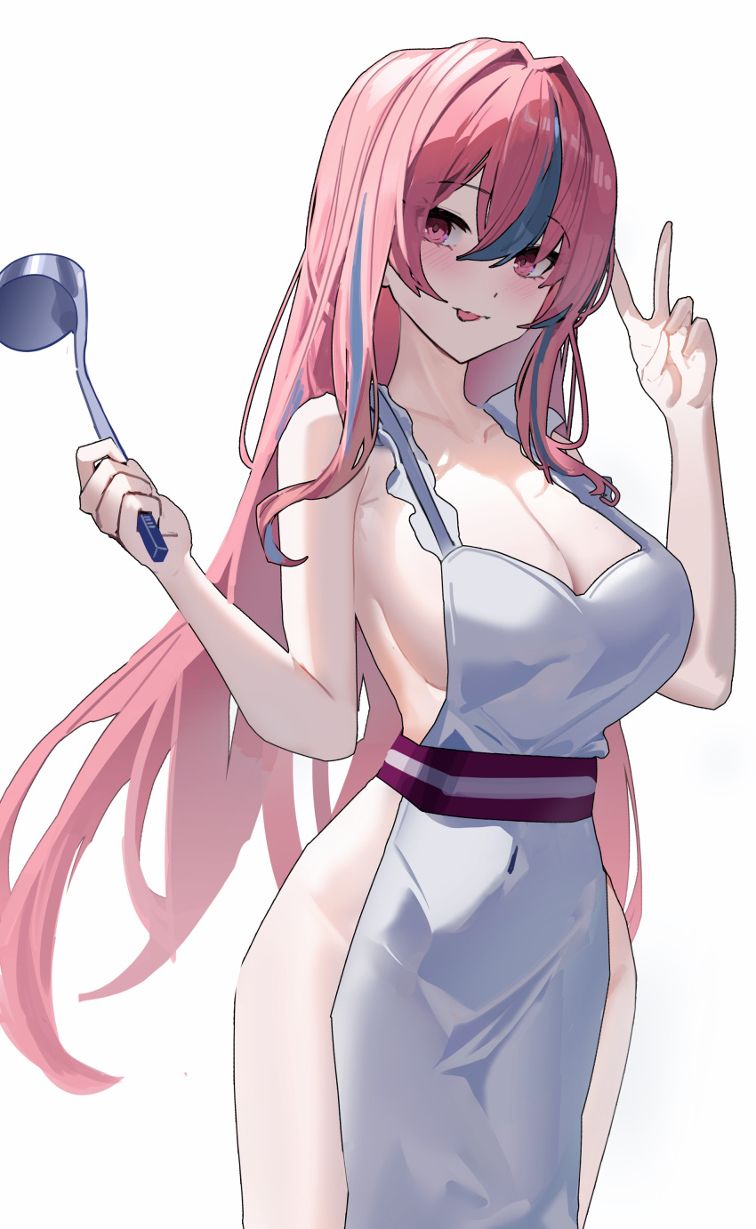 1girl :p absurdres alternate_hairstyle apron azur_lane bare_arms bare_shoulders blush breasts bremerton_(azur_lane) cleavage commentary_request cowboy_shot grey_apron grey_hair hair_down hair_intakes hands_up highres large_breasts long_hair maanu multicolored_hair naked_apron pink_eyes pink_hair sideboob solo standing streaked_hair tongue tongue_out v very_long_hair