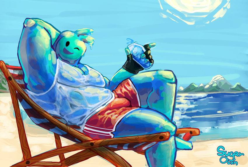 absurd_res beach beverage blue_body bottomwear bulge clothed clothing day epic_games fingerless_gloves fortnite fully_clothed gloves goo_creature goo_humanoid handwear hi_res holding_beverage holding_object humanoid looking_at_viewer male one_eye_closed open_mouth open_smile outside rippley_(fortnite) sand seaside shirt shorts sitting sky smile solo sugarovin sun swimming_trunks swimwear tank_top topwear water wink