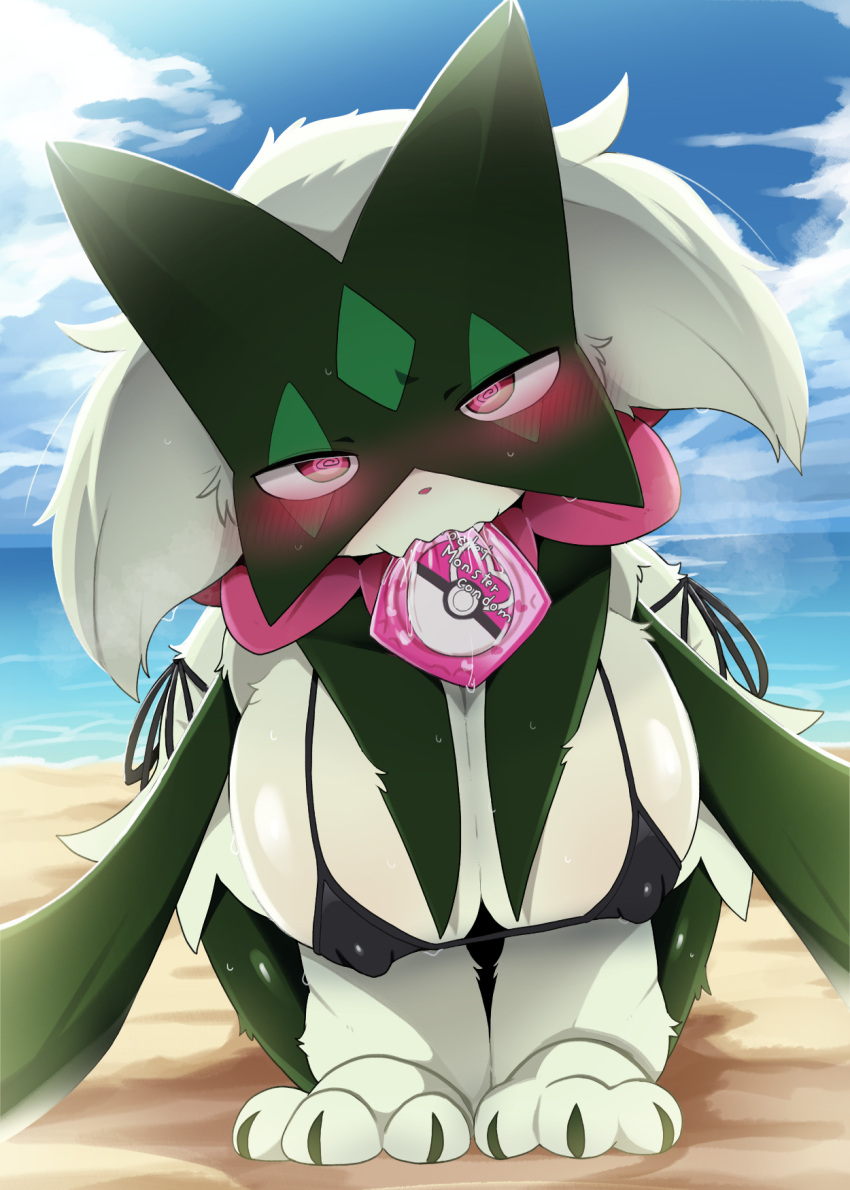 1girl @_@ all_fours beach bikini black_bikini blue_sky body_fur breasts claws cloud commentary_request condom condom_in_mouth condom_wrapper covered_nipples dagasi day furry furry_female green_fur green_hair highres large_breasts looking_at_viewer meowscarada mouth_hold ocean outdoors pokemon red_eyes sand sky solo sweat swimsuit