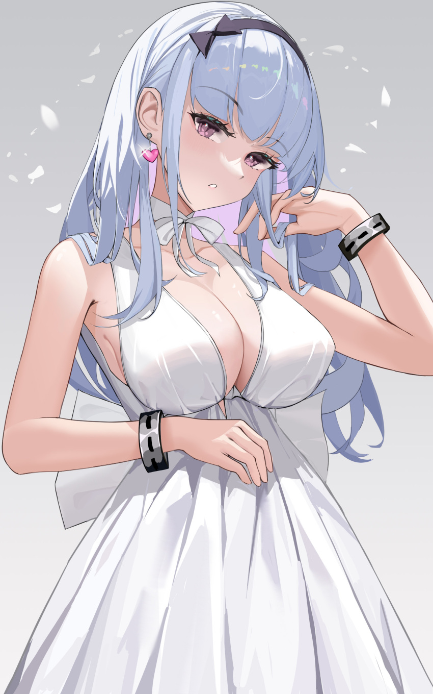 1girl absurdres azur_lane bare_shoulders black_hairband blunt_bangs bracelet breasts collarbone dido_(azur_lane) dress earrings gradient_background grey_hair hairband hand_in_own_hair hand_up head_tilt heart heart_earrings highres jewelry large_breasts long_hair looking_at_viewer purple_eyes sleeveless sleeveless_dress solo white_dress whitehartlane13