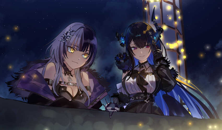 2girls absurdres adjusting_hair arm_strap asymmetrical_hair asymmetrical_horns bird black_choker black_dress black_gloves black_hair black_jacket black_neckerchief blunt_bangs breasts building choker choppy_bangs cleavage crow dress gloves glowing glowing_eyes grey_hair hair_ornament highres hololive hololive_english horns jacket large_breasts long_hair mole mole_under_eye multiple_girls neckerchief nerissa_ravencroft red_eyes shadow_(nerissa_ravencroft) shiori_novella sidelocks sky slit_pupils star_(sky) starry_sky very_long_hair yellow_eyes yomosaka yorick_(shiori_novella)