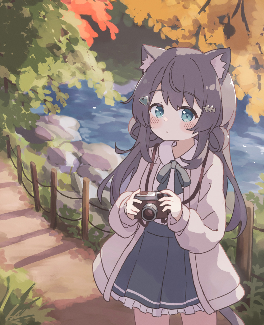 1girl :&lt; absurdres animal_ear_fluff animal_ears blue_eyes blush camera cat_ears cat_girl cat_tail colon_br commentary_request grass grey_hair grey_ribbon grey_skirt hair_ornament hairpin highres holding holding_camera jacket long_hair looking_at_viewer outdoors ribbon river rock shirt skirt solo tail tree white_shirt