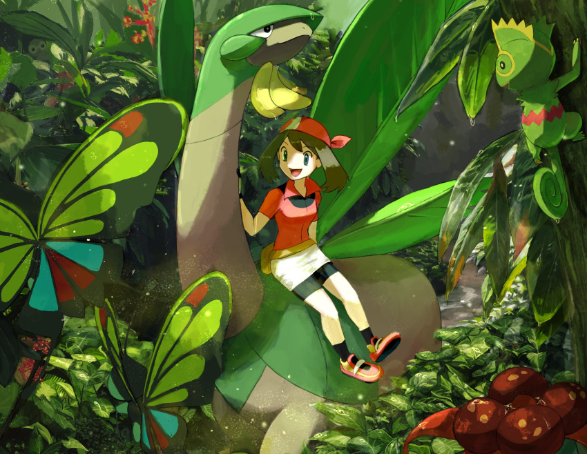 1girl :d bandana beautifly bike_shorts bishamon_(usagi_ba) black_socks blue_eyes brown_hair castform dew_drop fanny_pack forest gloom_(pokemon) highres kecleon leaf may_(pokemon) nature open_mouth pokemon pokemon_(creature) pokemon_rse riding smile socks tropius water_drop yellow_bag