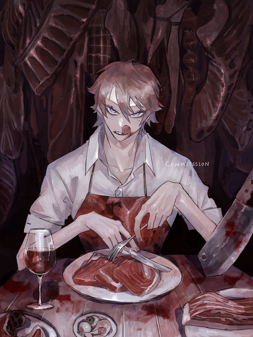 1boy absurdres alcohol apron blood blood_on_knife blood_splatter blue_eyes brown_hair cannibalism cleaver collared_shirt commission cup dismemberment drinking_glass eating eyeball food food_in_mouth fork guro hair_between_eyes hand_up highres holding holding_fork holding_knife knife looking_at_viewer male_focus meat mole mole_under_eye open_collar original plate red_apron severed_limb shirt short_hair sionagasu skeb_commission sleeves_rolled_up solo straight-on table white_shirt wine wine_glass