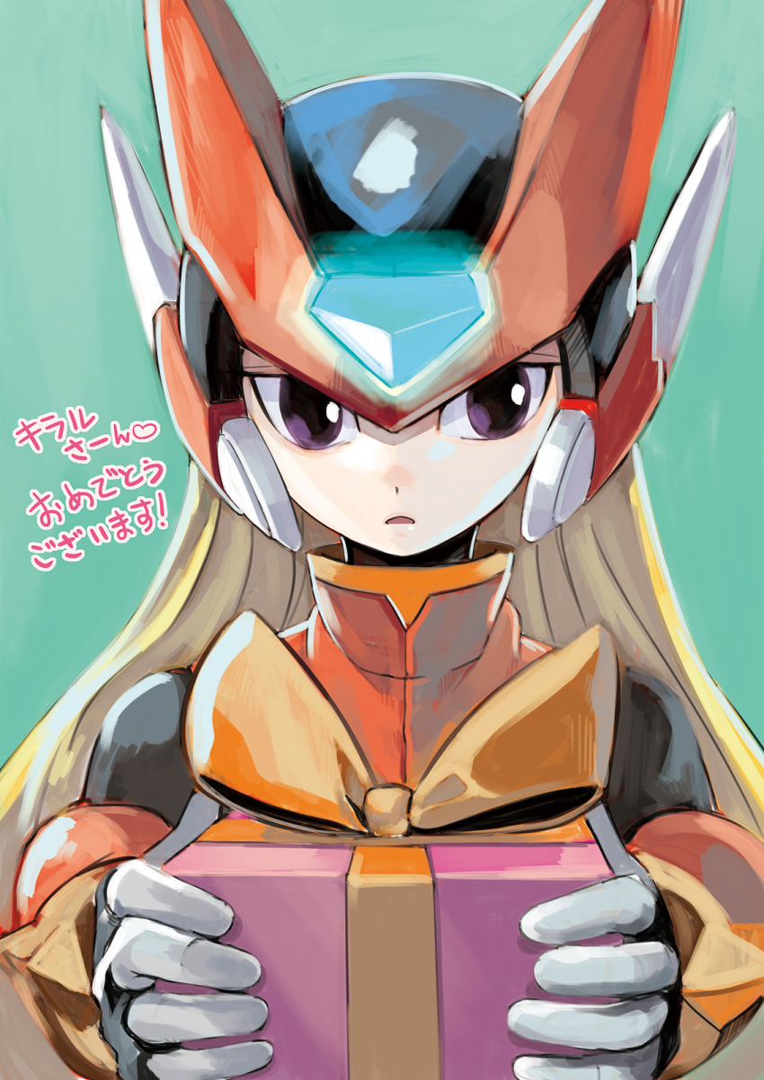 1boy android blonde_hair commentary_request gift helmet highres holding holding_gift long_hair looking_at_viewer male_focus mega_man_(series) mega_man_zero_(series) purple_eyes sumomo upper_body zero_(mega_man)