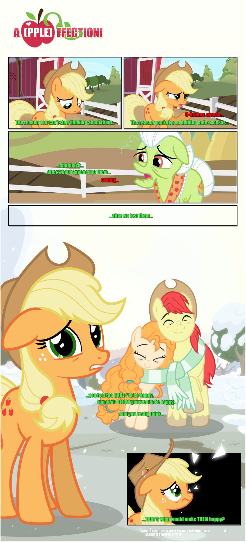 absurd_res apple applejack_(mlp) barn black_border border bright_mac_(mlp) brooch building clothing cold covered_in_snow cowboy_hat cutie_mark daughter_(lore) dialogue ears_down ears_flat ears_up earth_pony equid equine estories father_(lore) father_and_child_(lore) father_and_daughter_(lore) female fence feral food friendship_is_magic fruit grandchild_(lore) granddaughter_(lore) grandmother_(lore) grandmother_and_grandchild_(lore) grandmother_and_granddaughter_(lore) grandparent_(lore) grandparent_and_grandchild_(lore) granny_smith_(mlp) group happy hasbro hat hat_ornament hay hay_bale headgear headwear hi_res horse male mammal mother_(lore) mother_and_child_(lore) mother_and_daughter_(lore) mother_and_son_(lore) my_little_pony narrowed_eyes outside parent_(lore) parent_and_child_(lore) parent_and_daughter_(lore) parent_and_son_(lore) pear_butter_(mlp) pivoted_ears plant pony scarf smile snow son_(lore) sweet_apple_acres tree walking white_fence winter