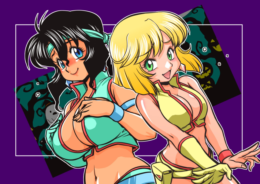 2girls :d aqua_gloves aqua_headband aqua_shorts aqua_vest armlet bare_shoulders bare_tree belt black_hair blonde_hair blue_belt blue_bracelet blue_eyes blunt_ends blush bob_cut border breasts breasts_squeezed_together cleavage closed_mouth cosplay cowboy_shot dark-skinned_female dark_skin dirty_pair dutch_angle earrings eyelashes fang ghost gloves green_eyes gunsmith_cats hair_between_eyes halloween halloween_costume hands_on_own_chest hat inverted_bob jack-o'-lantern jewelry kei_(dirty_pair) kei_(dirty_pair)_(cosplay) koshou_shoushou+kinsho large_breasts looking_at_viewer medium_breasts midriff minnie_may_hopkins multiple_girls navel nose_blush open_mouth outline outside_border own_hands_together pink_bracelet plunging_neckline popped_collar purple_background raised_eyebrows rally_vincent short_hair short_shorts shorts sidelocks single_glove smile spread_fingers swept_bangs tan tree v_arms vest wavy_hair white_border white_outline witch_hat yellow_belt yellow_gloves yellow_shorts yellow_vest yuri_(dirty_pair) yuri_(dirty_pair)_(cosplay)