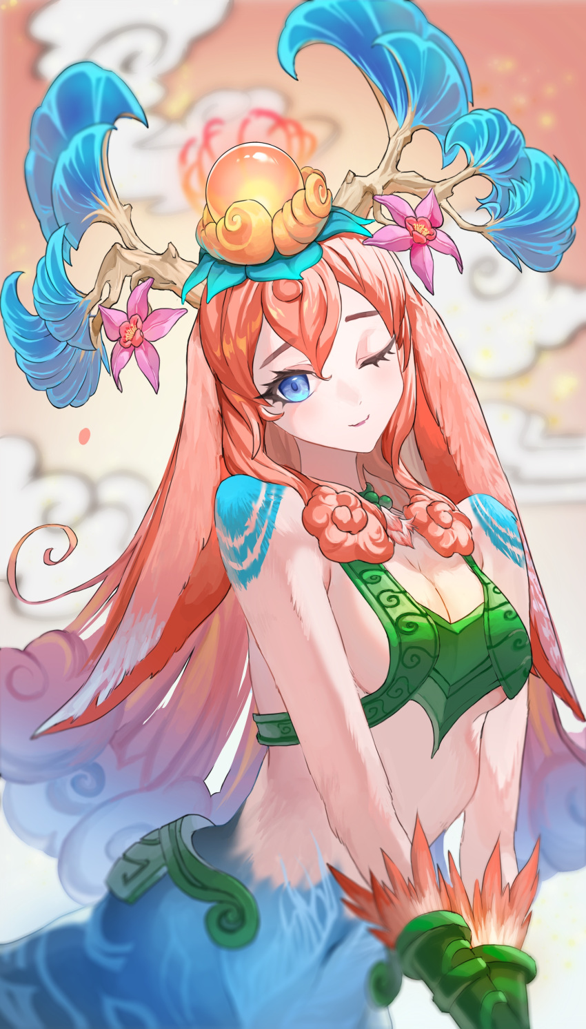 1girl ;) absurdres animal_ears antlers bare_shoulders blue_eyes bra breasts centaur cleavage cloud colored_skin flower gloves green_bra green_gloves green_skin hair_ornament highres horse_ears horse_girl large_breasts league_of_legends lillia_(league_of_legends) long_hair looking_at_viewer multicolored_background multicolored_hair one_eye_closed orange_hair pink_flower rayn87250715 shan_hai_scrolls_lillia smile solo taur underwear