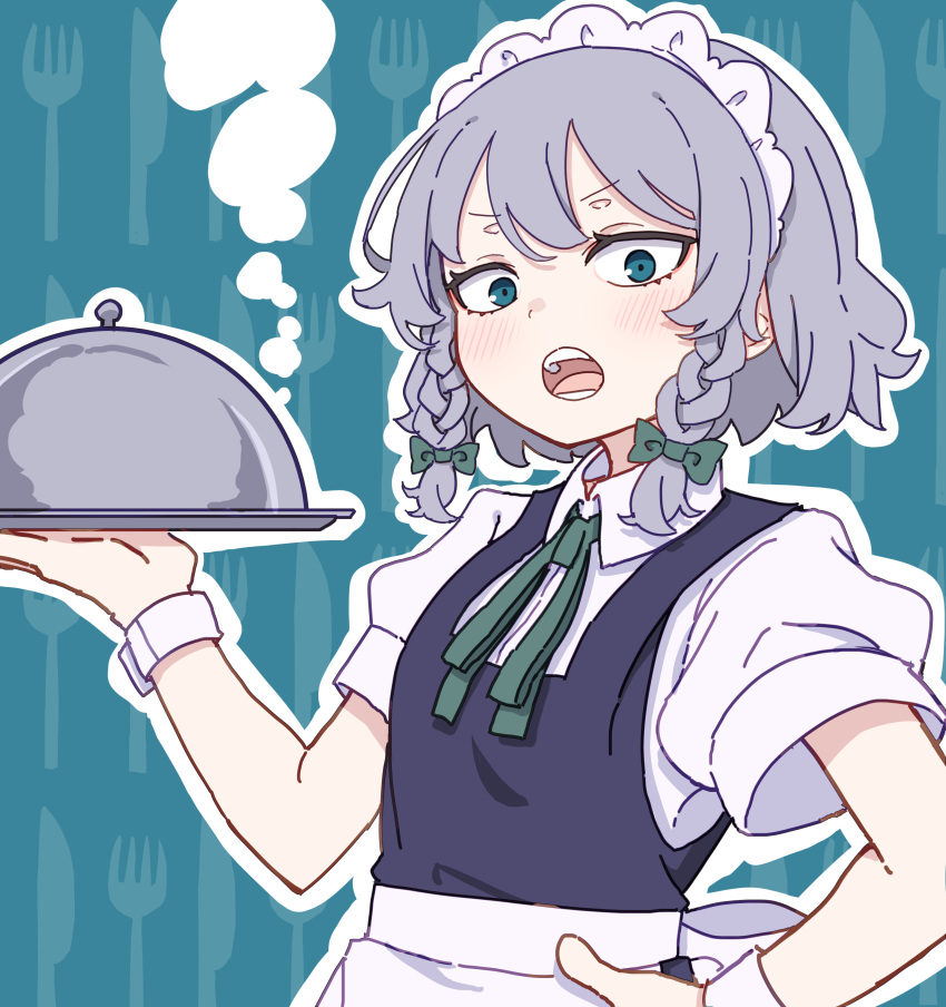 1girl absurdres apron blue_dress blue_eyes blush bow braid collared_shirt dress green_bow grey_hair hair_bow highres izayoi_sakuya kame_(kamepan44231) maid maid_apron maid_day maid_headdress open_mouth puffy_short_sleeves puffy_sleeves shirt short_hair short_sleeves solo touhou twin_braids upper_body waist_apron white_apron white_shirt wrist_cuffs