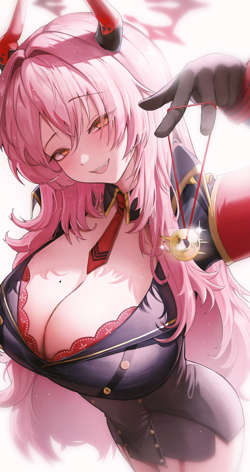 1girl absurdres black_gloves blue_archive breasts cleavage coin demon_horns gloves halo highres holding_pendulum holed_coin horns large_breasts long_hair looking_at_viewer military military_uniform mole mole_on_breast necktie nobogoo pendulum pink_hair red_armband red_necktie satsuki_(blue_archive) solo uniform yellow_eyes