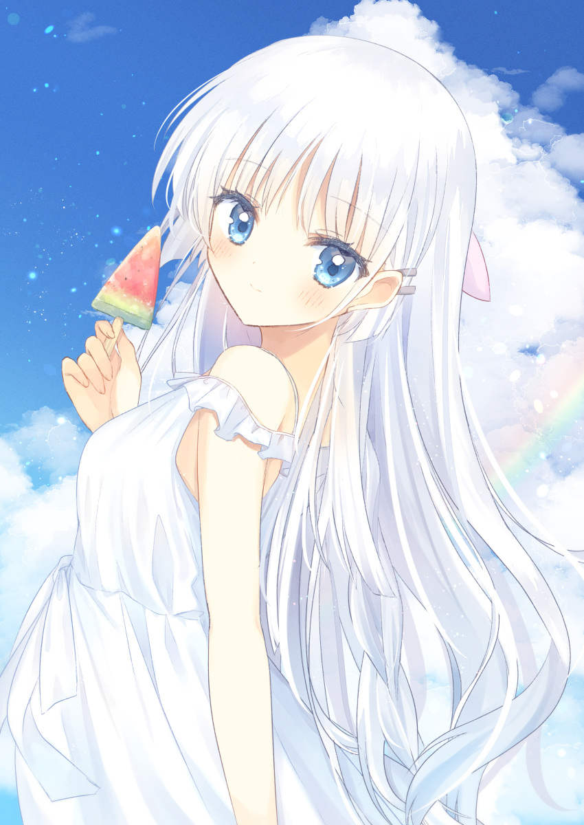 1girl absurdres aiyan arm_at_side bare_shoulders blue_eyes blue_sky blush closed_mouth cloud commentary_request day dress eyelashes eyes_visible_through_hair food from_side hair_between_eyes hair_ornament hair_ribbon hairclip head_tilt highres holding_ice_cream lens_flare long_dress long_hair looking_at_viewer naruse_shiroha outdoors pink_ribbon popsicle rainbow ribbon sky smile solo straight_hair summer_pockets upper_body very_long_hair watermelon_bar white_dress white_hair