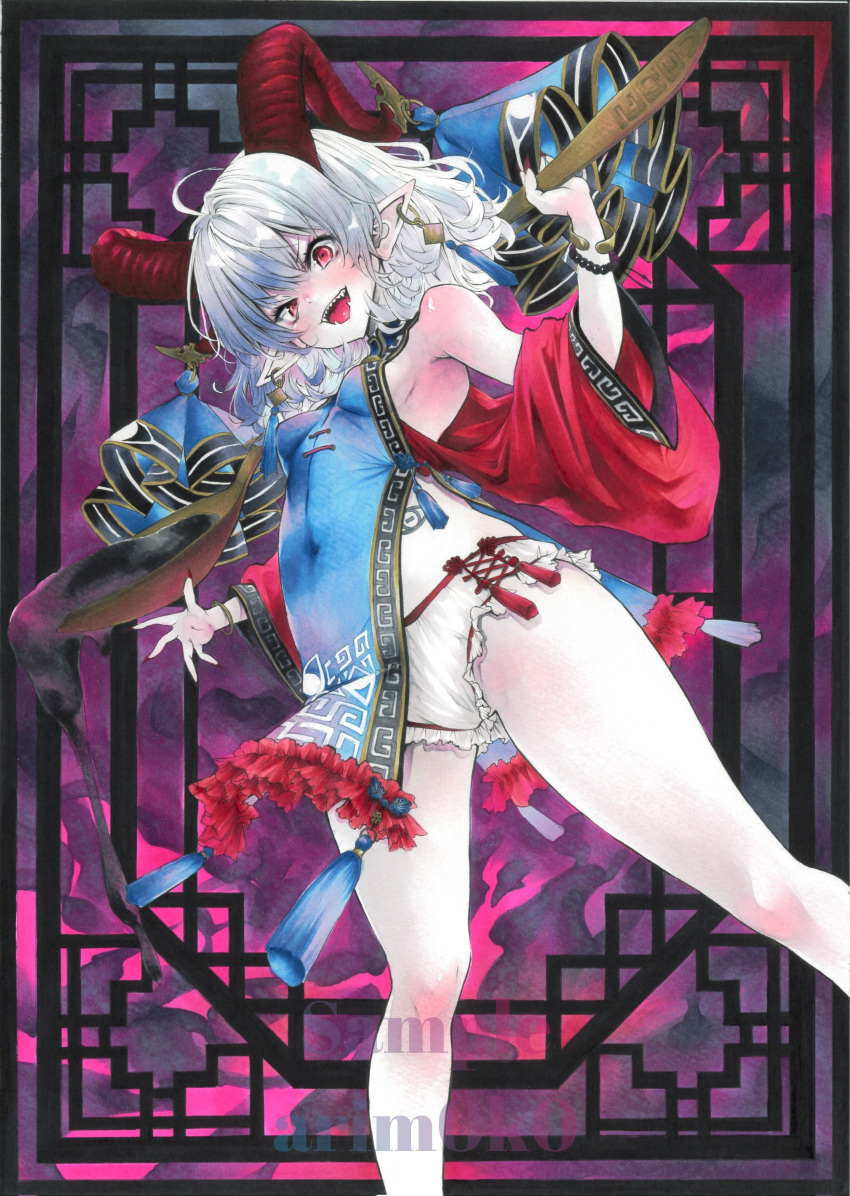1girl absurdres arim0k0 artist_name bare_shoulders bracelet breasts commentary cross-laced_clothes feet_out_of_frame grey_hair highres horns jewelry medium_breasts open_mouth red_eyes red_horns red_sleeves sample_watermark sharp_teeth sheep_horns short_hair sideboob solo tabard teeth touhou toutetsu_yuuma upper_teeth_only utensil