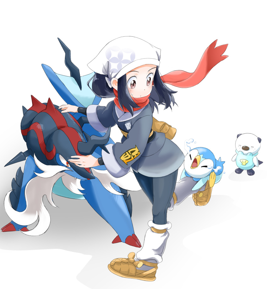 1girl absurdres akari_(pokemon) brown_eyes brown_footwear claws full_body galaxy_expedition_team_survey_corps_uniform highres hisuian_samurott leg_hold oshawott piplup pokemon pokemon_(creature) pokemon_(game) pokemon_legends:_arceus red_eyes scarf simple_background sweat tail u4_99384295 white_background white_fur