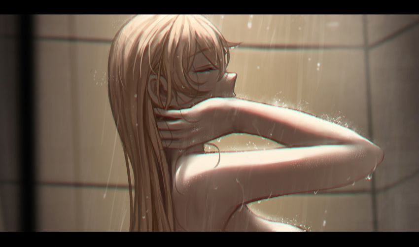 1girl blonde_hair breasts closed_eyes commentary_request girls'_frontline hand_on_own_neck highres indoors large_breasts long_hair ots-14_(girls'_frontline) selcky shower_(place) showering solo standing tile_wall tiles wet