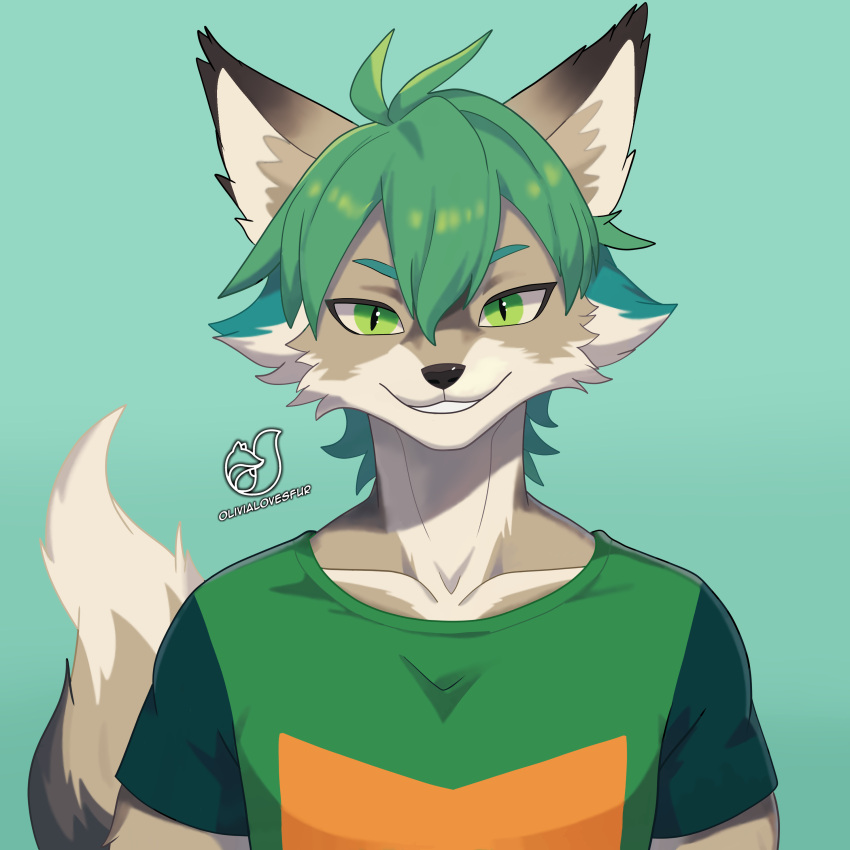 absurd_res anthro canid canine canis chill clothing green_eyes green_hair hair half_body happy hi_res male mammal olivialovesfur relaxing shirt smile solo t-shirt tail topwear wolf