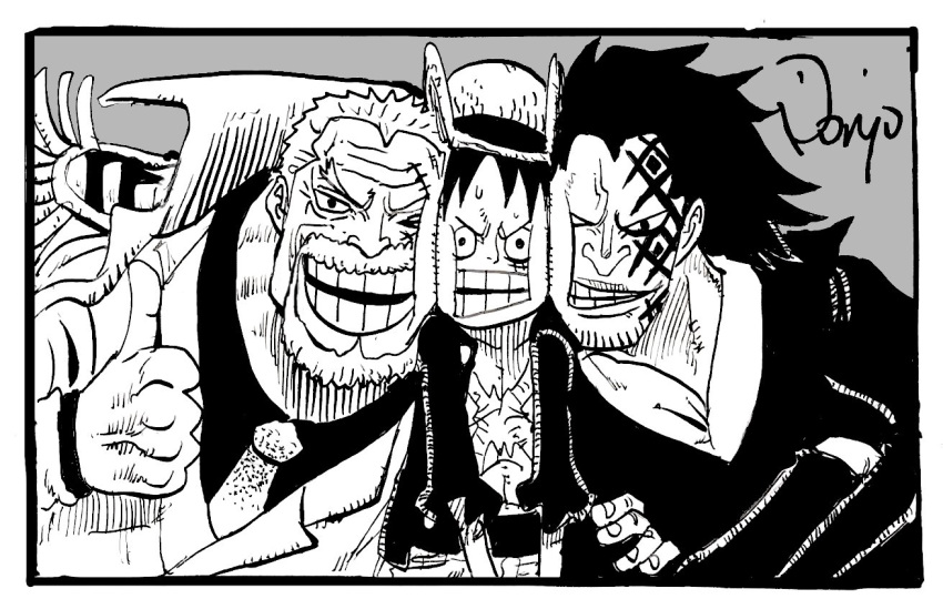 3boys beard black_hair cheek-to-cheek crossed_arms epaulettes facial_hair facial_tattoo father_and_son grandfather_and_grandson hat heads_together male_focus medium_hair monkey_d._garp monkey_d._luffy monkey_d_dragon multiple_boys mustache nishiponi oda_eiichirou_(style) one_piece open_clothes open_mouth scar scar_on_face short_hair smile straw_hat tattoo teeth thumbs_up traditional_media white_hair