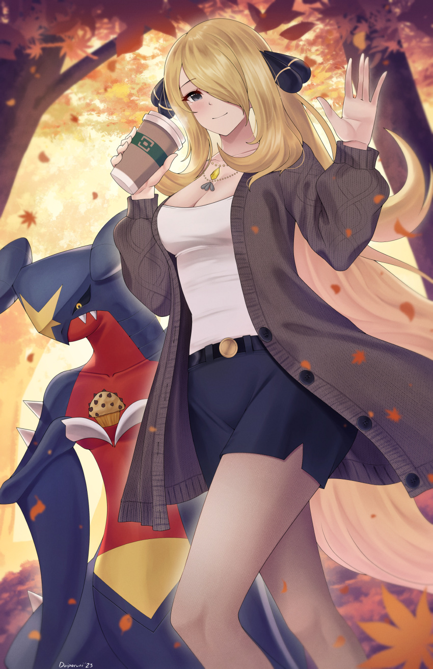artist_name autumn autumn_leaves bead_necklace beads belt blonde_hair breasts cardigan cleavage closed_mouth coffee coffee_cup cup cynthia_(pokemon) disposable_cup doiparuni falling_leaves food garchomp green_eyes hair_ornament hair_over_one_eye highres holding holding_cup jewelry leaf long_hair long_sleeves looking_at_viewer muffin necklace pantyhose pokemon pokemon_(creature) pokemon_(game) pokemon_dppt shirt shorts smile tree waving white_shirt
