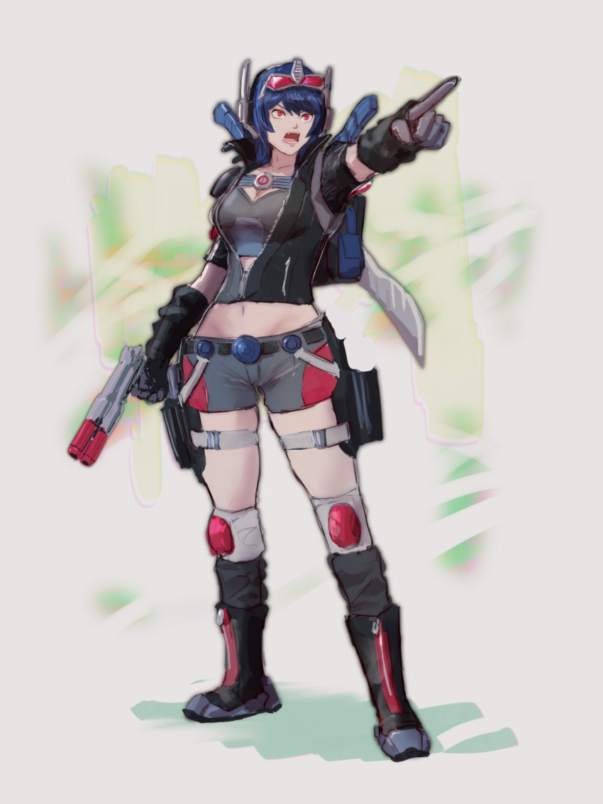 1girl backpack bag beast_wars beast_wars:_transformers belt black_belt black_footwear black_gloves black_jacket blue_hair boots breasts cleavage cropped_shirt elbow_gloves eyewear_on_head genderswap genderswap_(mtf) gloves grey_shirt grey_shorts gun highres holding holding_gun holding_weapon humanization jacket looking_to_the_side medium_breasts medium_hair open_mouth optimus_primal rae_ariadne red-framed_eyewear sharp_teeth shirt shorts solo sunglasses sword sword_on_back teeth transformers weapon weapon_on_back