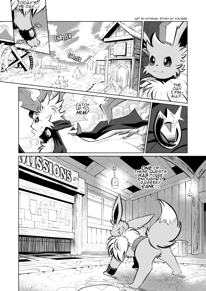 absurd_res ambiguous_gender building clothing comic detailed detailed_background detailed_fur dew_(volvere) dialogue eevee eeveelution feral fur generation_1_pokemon generation_4_pokemon glaceon guild_hall hi_res inside kitwran leafeon male mostly_nude nintendo pokemon pokemon_(species) pokemon_mystery_dungeon riolu river scarf scarf_only yew_(kitwran)