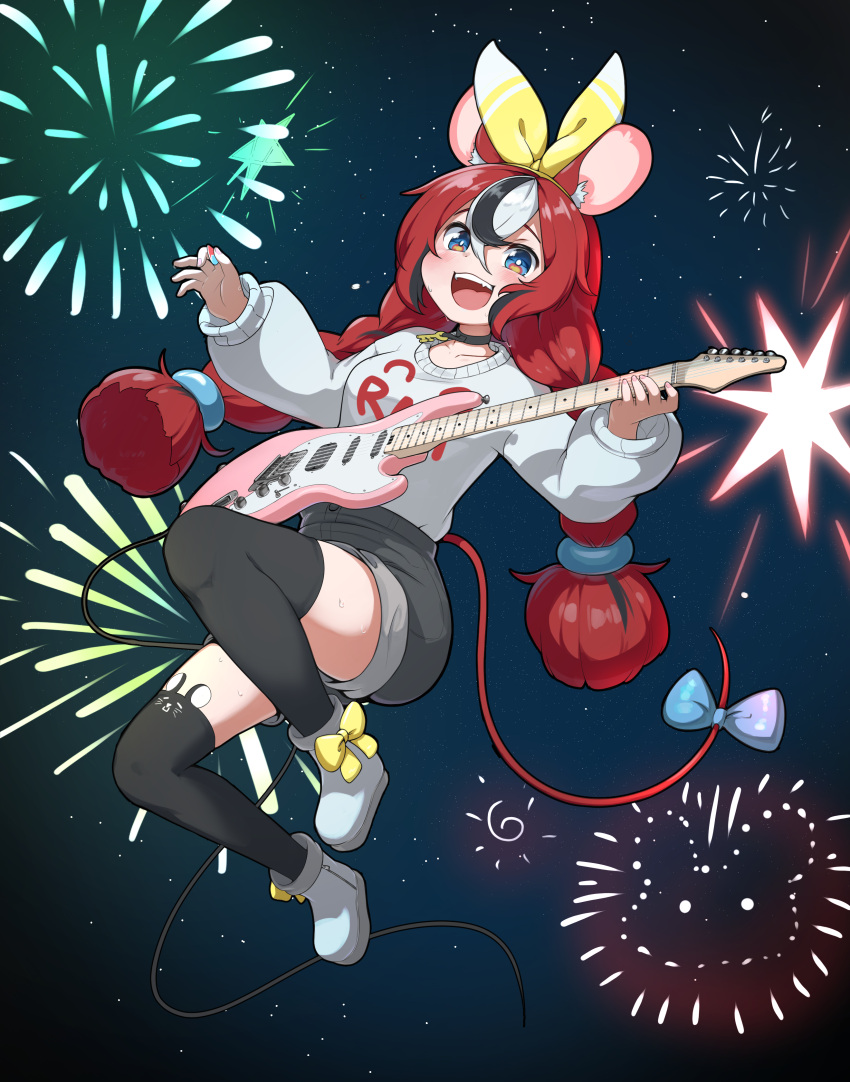 1girl absurdres animal_ears black_choker black_thighhighs blue_eyes bow braid choker electric_guitar fireworks grey_shorts guitar hakos_baelz highres holding holding_instrument holding_plectrum hololive hololive_english instrument key long_hair mouse_ears mouse_tail plectrum red_hair shorts snowmya strawberry_baelz sweater tail tail_bow tail_ornament thighhighs twin_braids virtual_youtuber white_sweater