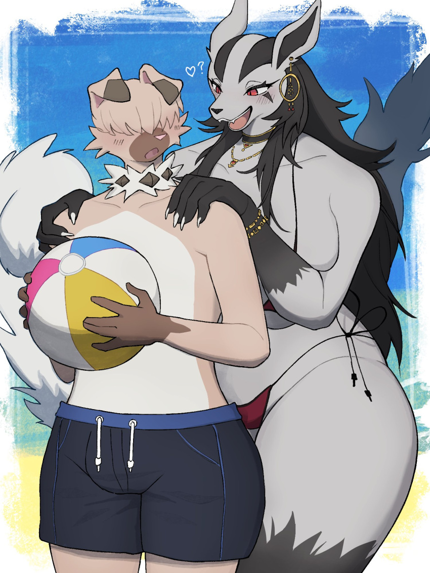 &lt;3 3:4 anthro baburusushi bikini biped black_body black_fur blush breasts brown_body brown_fur clothing duo female fur generation_7_pokemon grey_body grey_fur hi_res jewelry male nintendo open_mouth pokemon pokemon_(species) question_mark red_eyes rockruff swimming_trunks swimwear