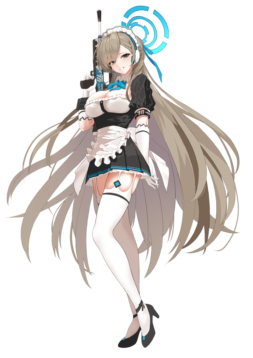 1girl absurdres apron assault_rifle asuna_(blue_archive) blue_archive blue_eyes bocchi_(kuropom7) breasts brown_hair bullpup cleavage elbow_gloves famas full_body gloves gun halo headphones high_heels highres holding holding_weapon large_breasts long_hair looking_at_viewer maid maid_apron maid_headdress mole mole_on_breast rifle shoes short_sleeves simple_background smile solo thighhighs very_long_hair weapon white_background white_gloves white_thighhighs zettai_ryouiki