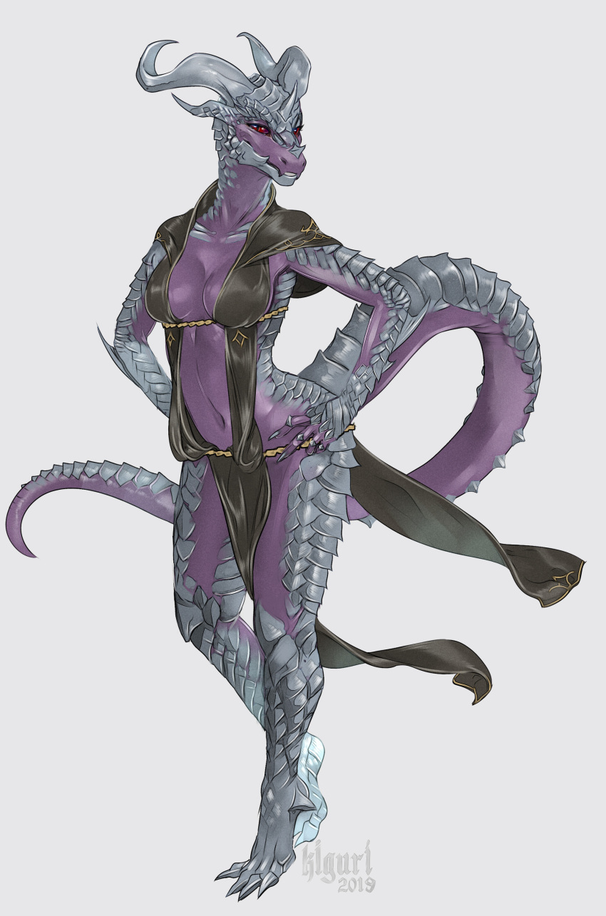 2019 4_toes absurd_res anthro artist_name biped bottomwear breasts butt claws cleavage_cutout clothed clothing dated digitigrade dragon facial_horn feet female front_view full-length_portrait green_clothing grey_body grey_scales hands_on_hips hi_res horn kiguri loincloth looking_at_viewer medium_breasts midriff monotone_body monotone_scales navel navel_cutout non-mammal_breasts non-mammal_navel nose_horn pink_body portrait pupils red_eyes scales scalie skimpy slit_pupils solo tail toe_claws toes unicorn_horn wingless_dragon