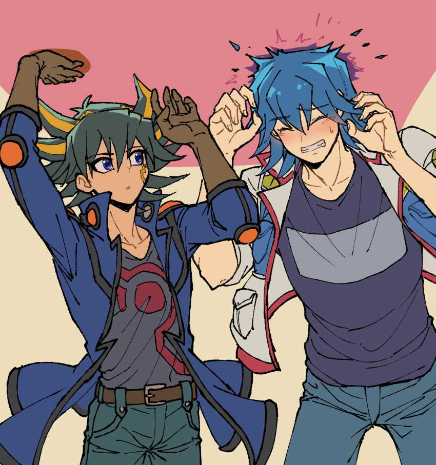 2boys :o absurdres arms_up belt black_hair black_shirt blue_eyes blue_hair blue_jacket blue_pants blue_shirt blush brown_gloves bruno_(yu-gi-oh!) ceiling closed_eyes commentary_request denim elbow_gloves elbow_pads facial_mark facial_tattoo fudou_yuusei furrowed_brow gloves hands_up head_bump high_collar highres jacket jeans leather_belt male_focus marking_on_cheek multicolored_hair multiple_boys open_clothes open_jacket open_mouth padded_jacket pain pants shirt short_hair shoulder_pads simple_background sleeves_rolled_up spiked_hair standing streaked_hair sweatdrop t-shirt tattoo v-neck white_jacket youko-shima yu-gi-oh! yu-gi-oh!_5d's