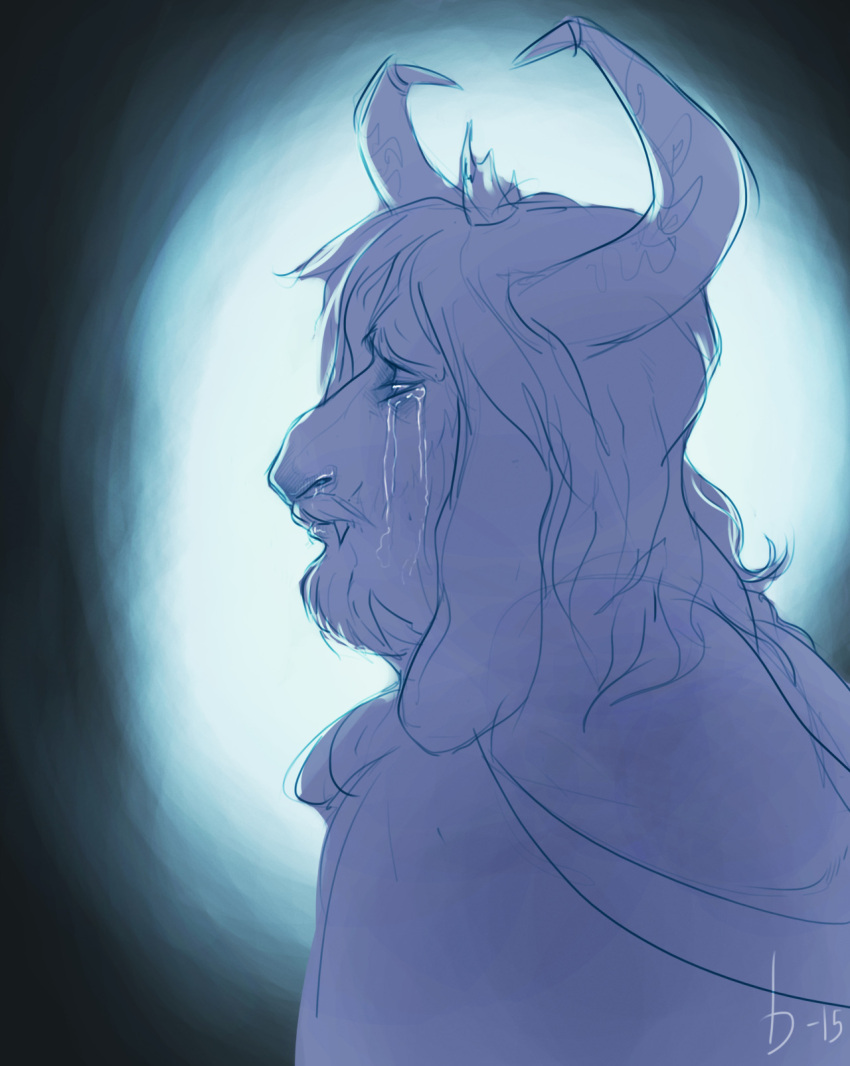 2015 asgore_dreemurr beard blautr-bleikr bodily_fluids crown crying facial_hair headgear hi_res horn long_ears male monster sad sketch solo tears undertale_(series)