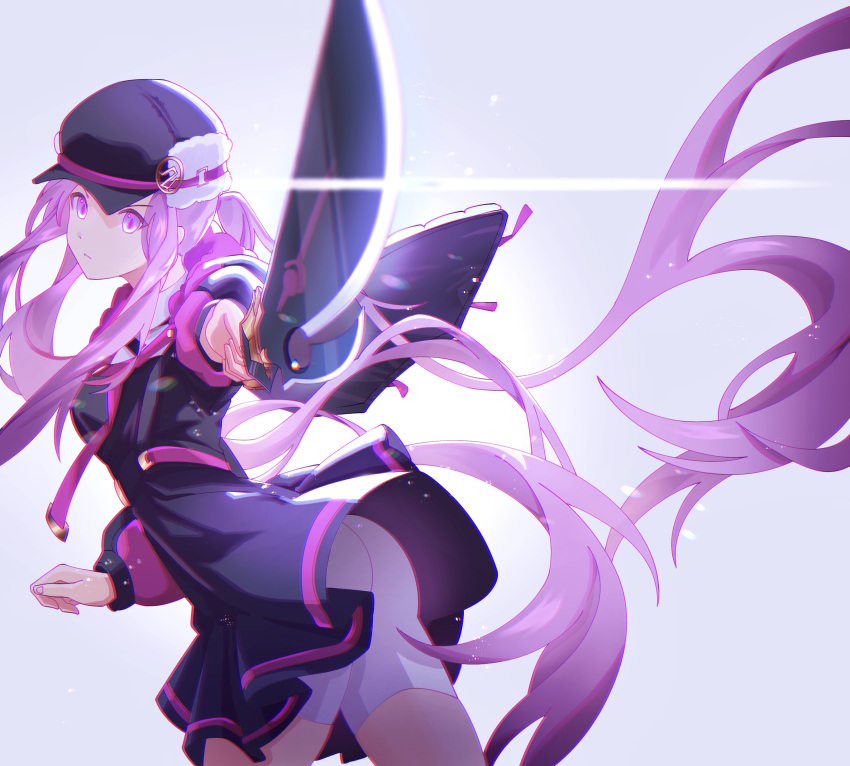 1girl absurdres black_dress black_headwear closed_mouth dress fate/grand_order fate_(series) floating_hair from_side frown grey_background highres holding holding_sword holding_weapon long_hair long_sleeves medusa_(fate) pink_eyes pink_hair short_dress shorts shorts_under_dress solo sword very_long_hair weapon white_shorts