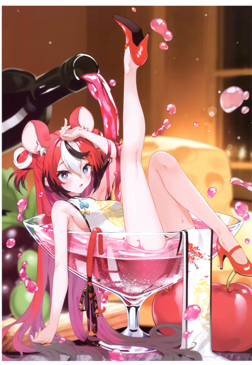 1girl absurdres animal_ear_fluff animal_ears arm_up bare_arms bare_legs bare_shoulders black_hair blue_eyes blurry blurry_background breasts cheese cherry china_dress chinese_clothes cocktail_glass cup depth_of_field double_bun dress drink drinking_glass food fruit gradient_hair hair_between_eyes hair_bun hakos_baelz high_heels highres hololive hololive_english in_container indoors kutata leg_up medium_breasts mini_person minigirl mouse_ears mouse_girl mouse_tail multicolored_hair parted_lips pouring red_footwear red_hair scan shoe_soles sideboob sleeveless sleeveless_dress solo streaked_hair tail two-tone_hair two_side_up virtual_youtuber white_dress white_hair