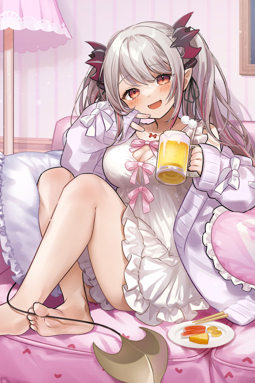 1girl :d alcohol barefoot beer beer_mug bow breasts brown_eyes chopsticks cleavage cup demon_tail food grey_hair hair_ornament highres holding holding_cup indie_virtual_youtuber jacket jewelry lamp mug multicolored_hair necklace on_bed pillow pink_bow plate pointy_ears sake_(utopia_modoki) sitting sleeves_past_wrists smile solo streaked_hair suou_patra tail twintails v