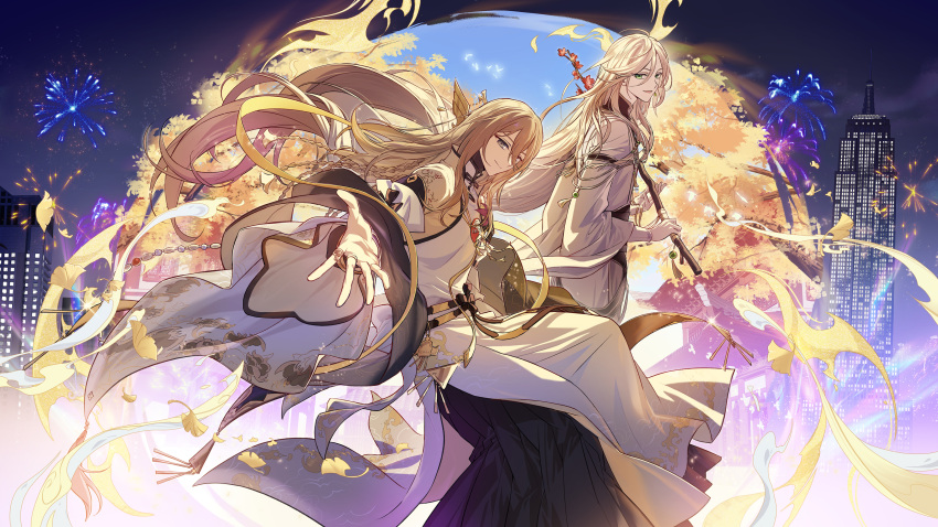 2boys absurdres bishounen blonde_hair blue_eyes brown_eyes buddha's_temptation_(the_tale_of_food) chinese_clothes cityscape closed_mouth fireworks highres light_brown_hair long_hair looking_at_viewer male_focus multiple_boys open_mouth outstretched_hand sakon04 smile the_tale_of_food yangzhou_fried_rice_(the_tale_of_food)