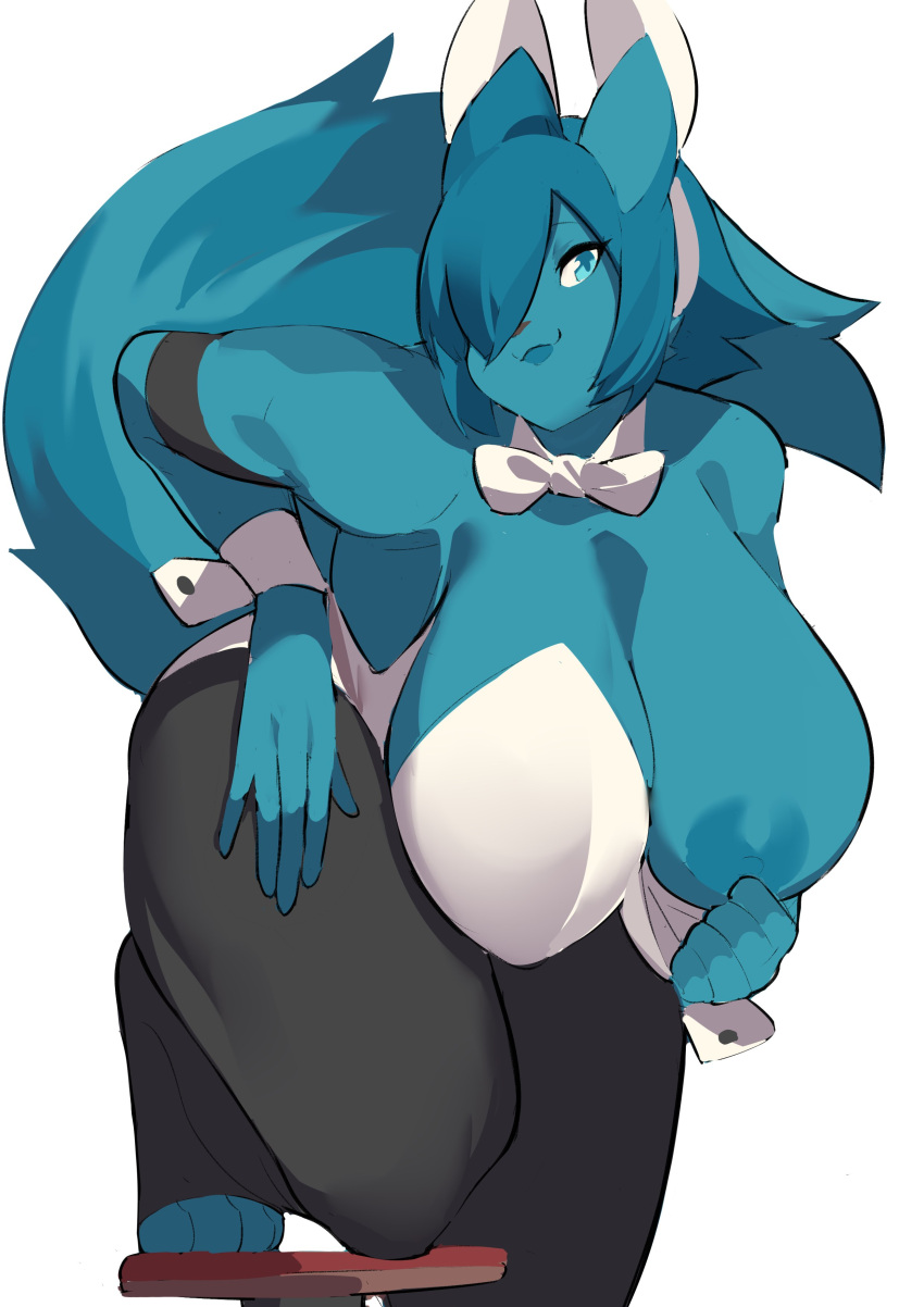absurd_res anthro aspirindabaitu big_breasts big_tail blue_body blue_eyes blue_fur blue_hair blue_lips blue_nipples breasts canid canine cleavage clothed clothing curvy_figure eyelashes fake_ears fake_rabbit_ears female flashing fox fur hair hair_over_eye hi_res leaning leaning_forward legwear leotard lips looking_at_viewer mammal nipples one_breast_out one_eye_obstructed pantyhose playboy_bunny short_hair solo standing tail thick_thighs white_clothing white_leotard wide_hips
