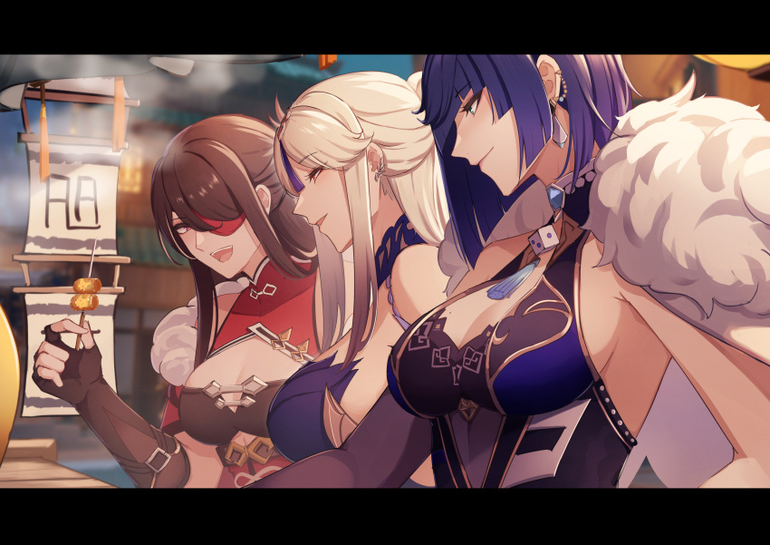 3girls :d absurdres beidou_(genshin_impact) blue_hair breasts brown_gloves brown_hair cleavage closed_mouth earrings elbow_gloves eyepatch fingerless_gloves food from_side genshin_impact gloves green_eyes highres holding jewelry large_breasts long_hair looking_at_another mole mole_on_breast multiple_girls night ningguang_(genshin_impact) one_eye_covered open_mouth outdoors pnatsu red_eyes sidelocks smile steam upper_body white_hair yelan_(genshin_impact)