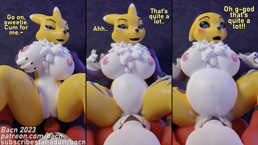2023 3d_(artwork) anthro bacn bandai_namco belly big_breasts blush bodily_fluids breasts canid canine claws comic cum cum_in_pussy cum_inflation cum_inside dialogue digimon digimon_(species) digital_media_(artwork) duo ejaculation english_text erection female female_penetrated first_person_view fox genital_fluids genitals guilmon happy happy_sex hi_res inflation knot knotting looking_at_viewer male male/female male_penetrating male_penetrating_female male_pov mammal markings nipples nude open_mouth orgasm penetration penile penis pussy renamon scalie sex simple_background smile surprise text vaginal vaginal_penetration white_body