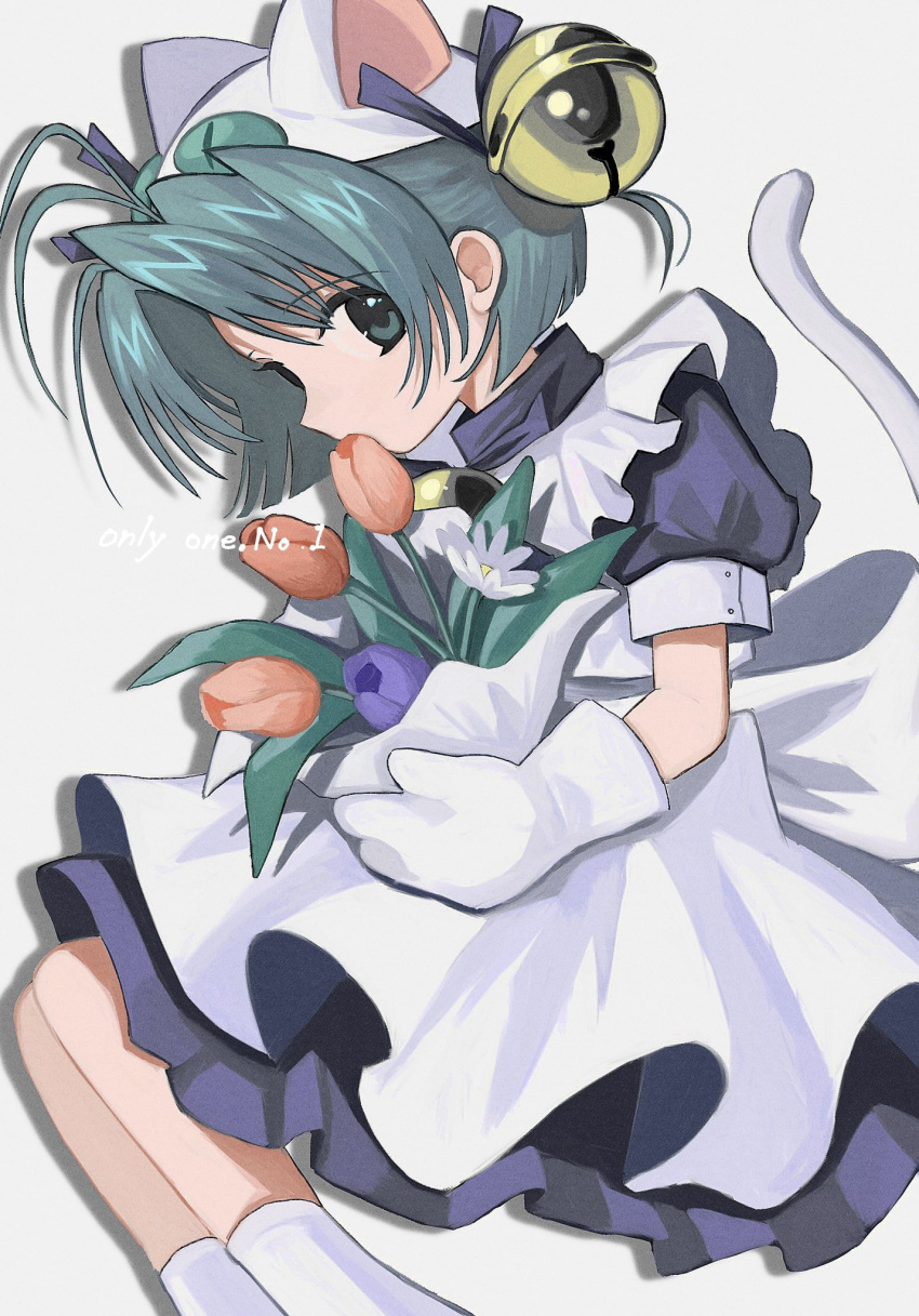 1girl animal_ear_headwear animal_ears apron bell bouquet cat_ears cat_girl cat_tail commentary dejiko di_gi_charat dress drop_shadow english_commentary english_text feet_out_of_frame flower from_side gloves green_eyes green_hair hair_bell hair_ornament highres holding holding_bouquet holding_flower jingle_bell looking_at_viewer pepeppepe101 puffy_short_sleeves puffy_sleeves purple_dress purple_flower purple_tulip red_flower red_tulip short_hair short_sleeves sideways_glance simple_background socks solo tail tulip white_apron white_background white_flower white_gloves white_headwear white_socks