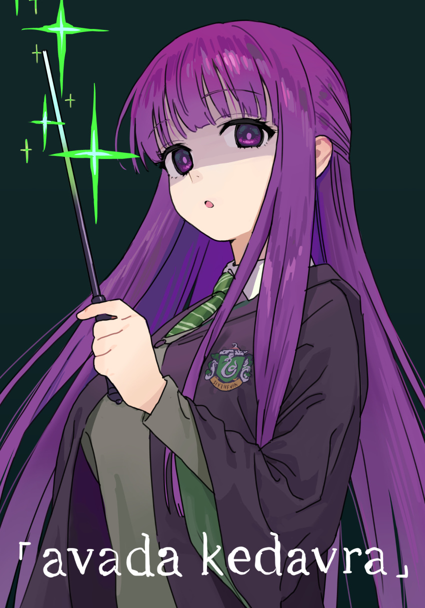 1girl :o alternate_costume bright_pupils collared_shirt commentary_request eyelashes fern_(sousou_no_frieren) green_background green_necktie green_sweater harry_potter_(series) highres holding holding_wand hood hood_down hooded_robe long_hair long_sleeves necktie parted_lips purple_eyes purple_hair robe shirt sidelocks slytherin solo some1else45 sousou_no_frieren sparkle sweater upper_body wand white_shirt wizarding_world