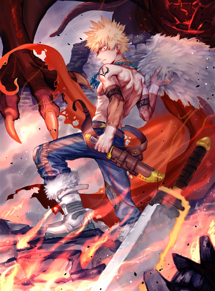 1boy 2nd_popularity_poll_(boku_no_hero_academia) alternate_universe bakugou_katsuki belt birthday blonde_hair blue_pants blurry boku_no_hero_academia boots brown_belt cape closed_mouth clothing_request commentary cropped dragon fanny_pack fantasy fire floating_cape from_behind full_body fur-trimmed_boots fur-trimmed_cape fur_trim greatsword grey_footwear hand_on_hilt hand_up highres holding holding_cape holding_clothes knee_pads looking_at_viewer looking_back male_focus milmil_(wa_ten'nendesu) no_shirt official_alternate_costume out_of_frame outdoors pants planted planted_sword red_cape red_eyes rock sanpaku sheath sheathed short_hair short_sword sideways_mouth smoke solo spiked_hair standing stepping sword tooth_earrings torn_cape torn_clothes triangle_print weapon wide-eyed