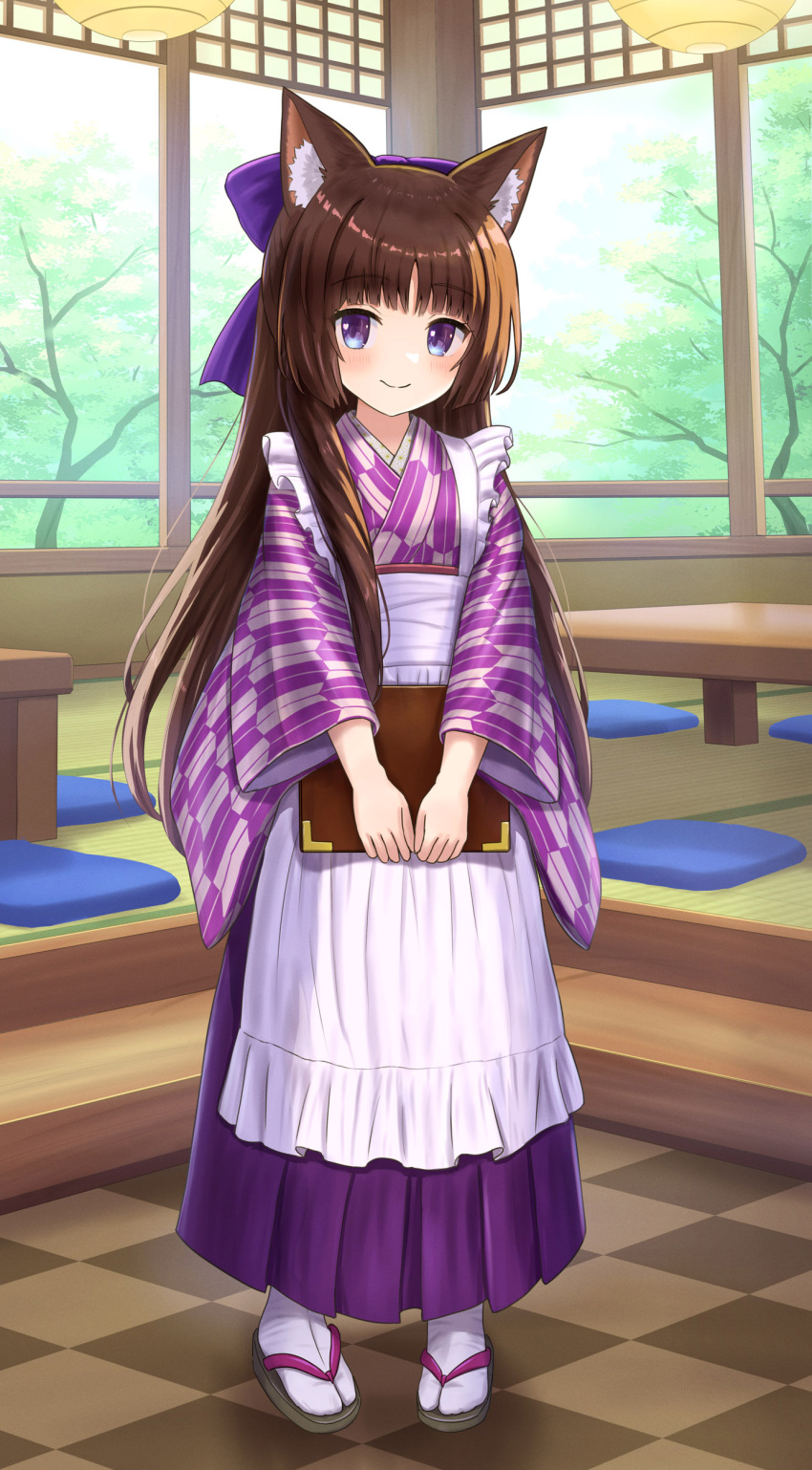 1girl absurdres animal_ear_fluff animal_ears apron black_footwear blue_eyes blush bow brown_hair cat_ears ceiling_light checkered_floor closed_mouth commentary_request day frilled_apron frills hair_bow hakama hakama_skirt highres indoors iroha_(iroha_matsurika) japanese_clothes kimono long_hair long_sleeves looking_at_viewer maid mutsuki_(iroha_(iroha_matsurika)) original print_kimono purple_bow purple_eyes purple_hakama skirt smile socks solo tabi table tatami tree very_long_hair wa_maid white_apron white_socks wide_sleeves window yagasuri zouri