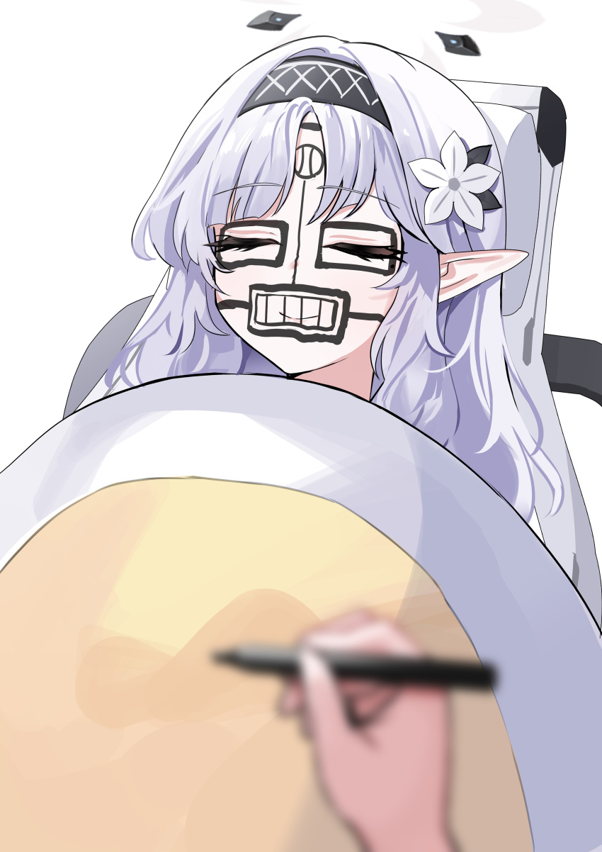 1girl absurdres blue_archive blunt_bangs drawing_on_another's_face hair_ornament hairband halo highres himari_(blue_archive) holding holding_marker ink long_hair long_sleeves marker pointy_ears pov pov_hands sidelocks sleeping smile solo_focus very_long_hair white_hair yuki_(asayuki101)