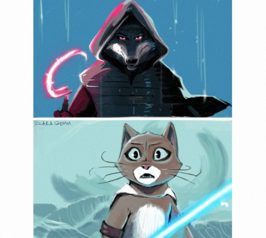 anthro black_clothing canid canine canis claragemm clothing death_(puss_in_boots) domestic_cat dreamworks duo eyeliner felid feline felis hood_up lightsaber makeup male mammal melee_weapon puss_in_boots_(dreamworks) sickle star_wars tuxedo_cat weapon white_cape wolf