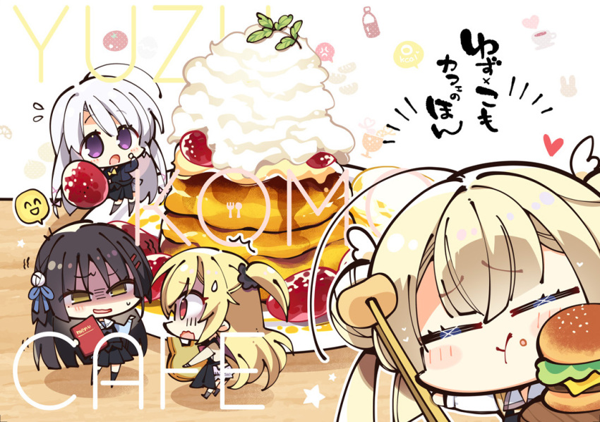 4girls :t =_= ahoge alternate_costume apron arihara_nanami ayachi_nene black_apron black_dress black_hair black_jacket black_skirt blonde_hair blue_ribbon blush_stickers burger cafe_stella_to_shinigami_no_chou chibi chips_(food) chopsticks closed_eyes closed_mouth comiket_102 commentary_request cream crossover dress eating english_text eye_contact facing_viewer flying_sweatdrops food fruit hair_between_eyes hair_ribbon happy heart holding holding_chopsticks holding_food holding_menu jacket komowata_haruka long_hair looking_at_another menu miniskirt mole mole_under_eye multiple_crossover multiple_girls nervous nervous_smile official_art open_mouth pancake pancake_stack potato_chips purple_eyes red_eyes ribbon riddle_joker sanoba_witch scared school_uniform shaded_face shiki_natsume shirayuki_noa simple_background skirt smile sparkle spoken_smile star_(symbol) strawberry sweatdrop tenshi_souzou two_side_up very_long_hair waitress white_background white_hair yellow_eyes yuzu-soft