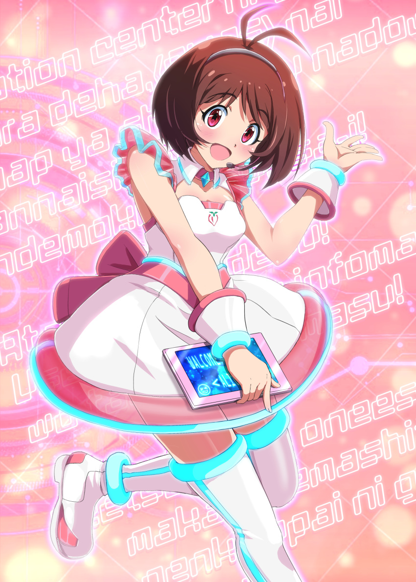 1girl absurdres antenna_hair bare_shoulders blue_trim blush bow breasts brown_eyes brown_hair cleavage detached_collar detached_sleeves dress dress_bow hand_up headset hidaka_ai highres hina_(araburu-hinadori) holding holding_tablet_pc idolmaster idolmaster_dearly_stars looking_at_viewer open_hand open_mouth pink_background pink_bow pink_trim see-through shoes short_hair small_breasts smile solo standing standing_on_one_leg tablet_pc thighhighs white_dress white_footwear white_thighhighs