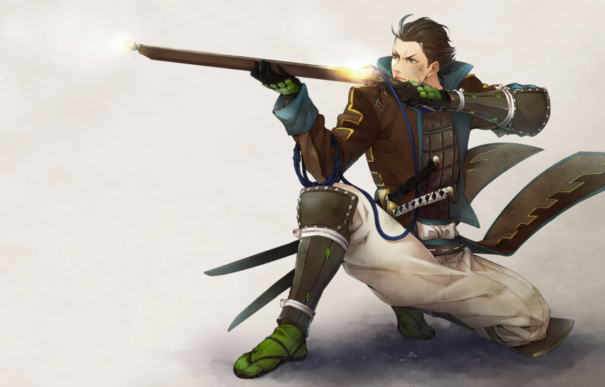 1boy antique_firearm armor arquebus brown_coat brown_hair coat firelock firing gloves green_socks grey_eyes gun holding holding_gun holding_weapon katakura_kojuurou_(sengoku_basara) male_focus matchlock on_one_knee pants scar scar_on_face sengoku_basara show12rkt socks sword weapon white_background white_pants