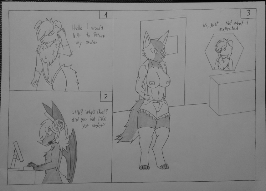 2021 alexis-01 anthro bat breasts canid canine canis clothing coat collie comic domestic_dog english_text female fur grey_body grey_fur group headgear headphones headset herding_dog imminent_vore male mammal nipples pastoral_dog phone ribbon_(bowhuskers) sheepdog text topwear traditional_media_(artwork) trio wolf