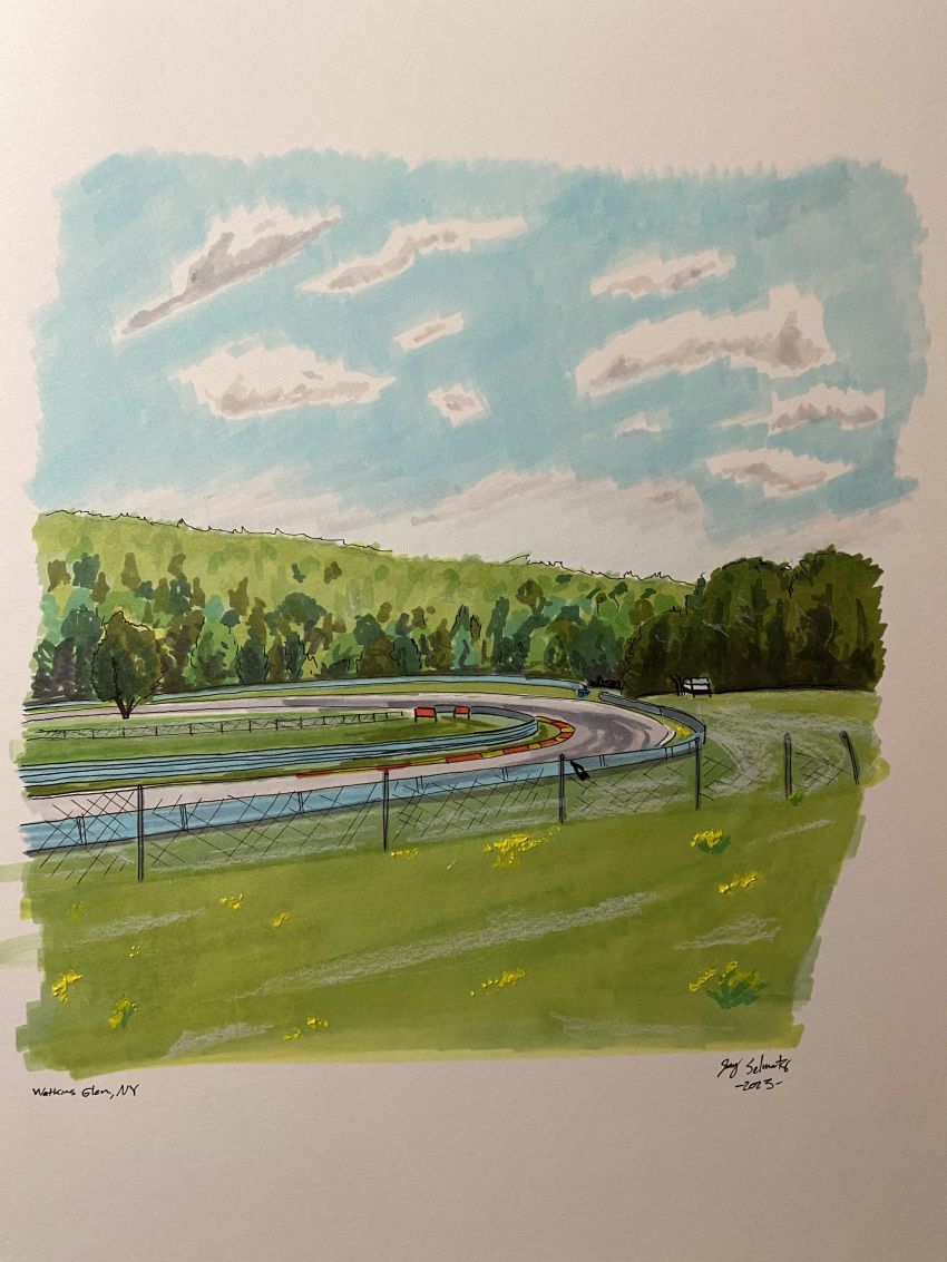 2023 absurdres artist_name cloud english_commentary forest highres jsel92 nature no_humans original outdoors painting_(medium) racetrack real_world_location scenery signature sky traditional_media watkins_glen_international