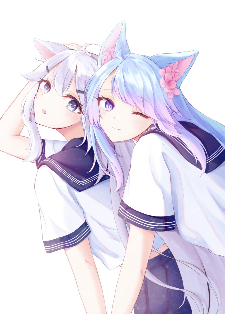 2girls animal_ear_fluff animal_ears blue_eyes blue_hair blue_skirt blush cat_ears flower grey_eyes grey_hair hair_flower hair_ornament hairpin highres indie_virtual_youtuber long_hair looking_at_viewer multicolored_hair multiple_girls nohanenoe one_eye_closed open_mouth pink_flower pink_hair school_uniform serafuku shirt sidelocks silvervale skirt smile streaked_hair vei_(vtuber) virtual_youtuber white_background white_serafuku white_shirt wolf_ears wolf_girl