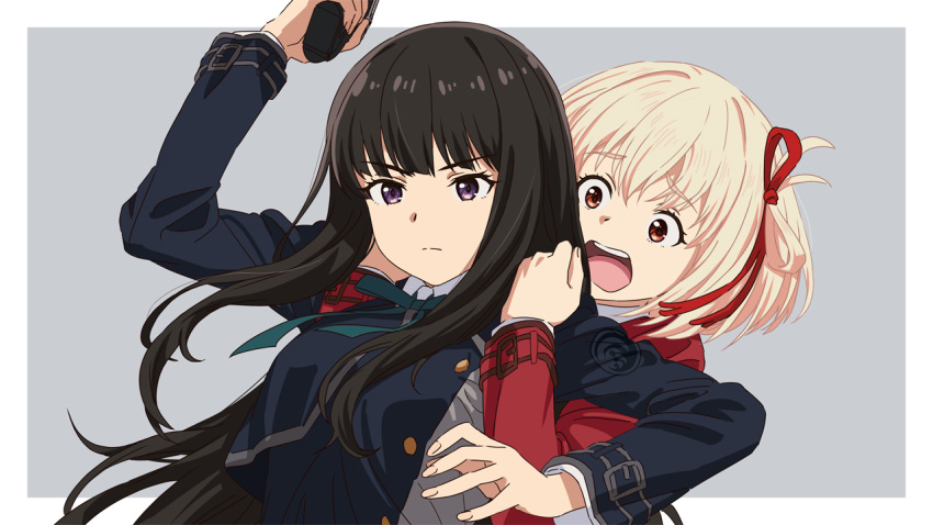 2girls :o asada7101 blonde_hair blue_dress bow breasts dress grey_background gun hair_bow hand_up holding holding_gun holding_weapon inoue_takina leaning_on_person looking_ahead looking_at_another lycoris_recoil lycoris_uniform medium_breasts multiple_girls nishikigi_chisato purple_eyes red_bow red_dress red_eyes scared weapon